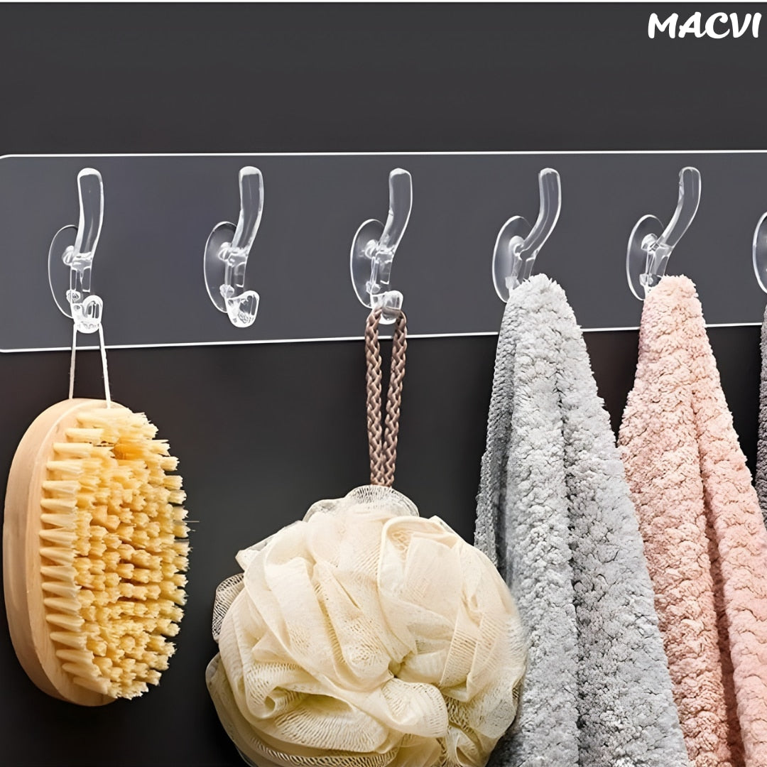 Suport pentru Perete Macvi®,  6 Carlige  Adeziv Transparent, Plastic