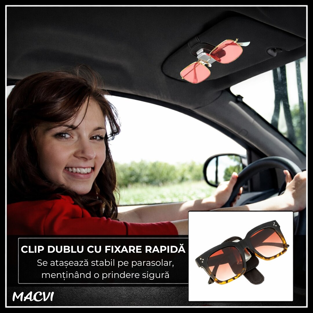 Suport ochelari auto Macvi®, prindere la parasolar, piele si aluminiu, 5x10 cm, negru