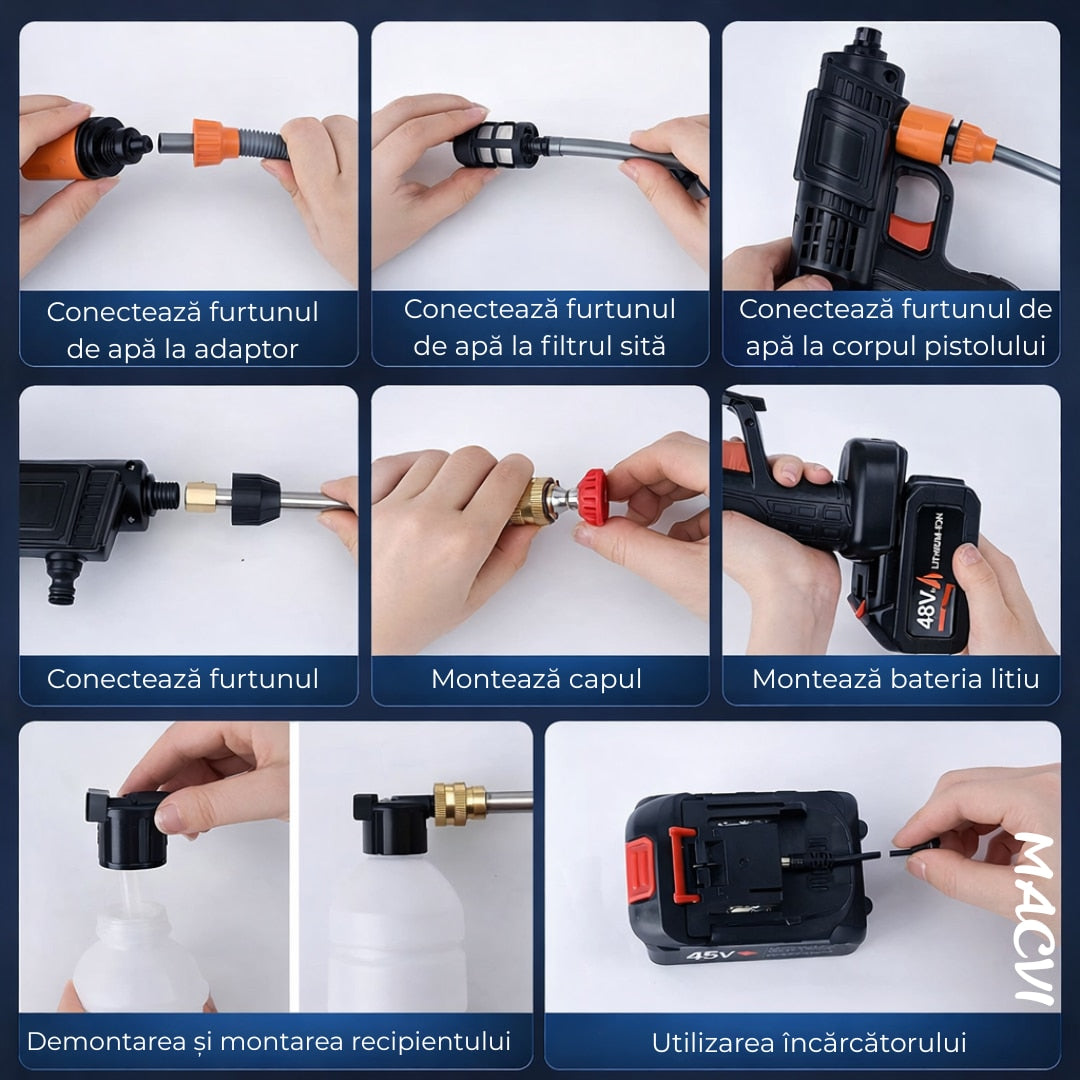 Pistol de Spalat cu Presiune Macvi® Portabil, Fara Fir, 48V, cu 2 Acumulatori Reincarcabili, Furtun 5m si Cutie Transport, Ideal pentru Masini, Curte, Biciclete