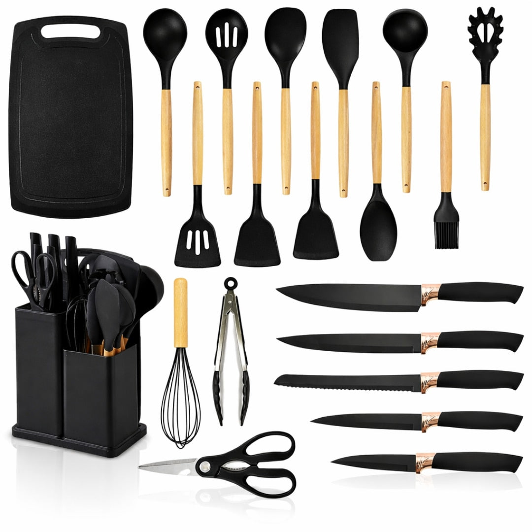 Set Ustensile Bucatarie Macvi® 19 Piese Silicon Termorezistent si Bambus, Cutite Inox, Suport Organizator Compact, Design Elegant