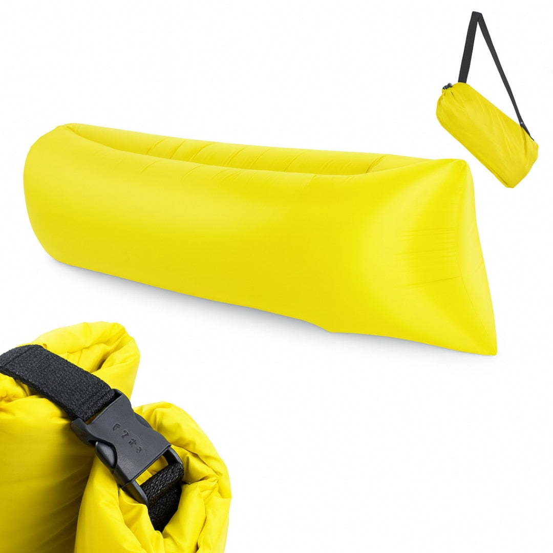 Saltea gonflabila tip sezlong Lazybag Macvi®, material rezistent, umflare fara pompa, pentru plaja/picnic/camping, rucsac de depozitare, 190 x 70 cm, Galben