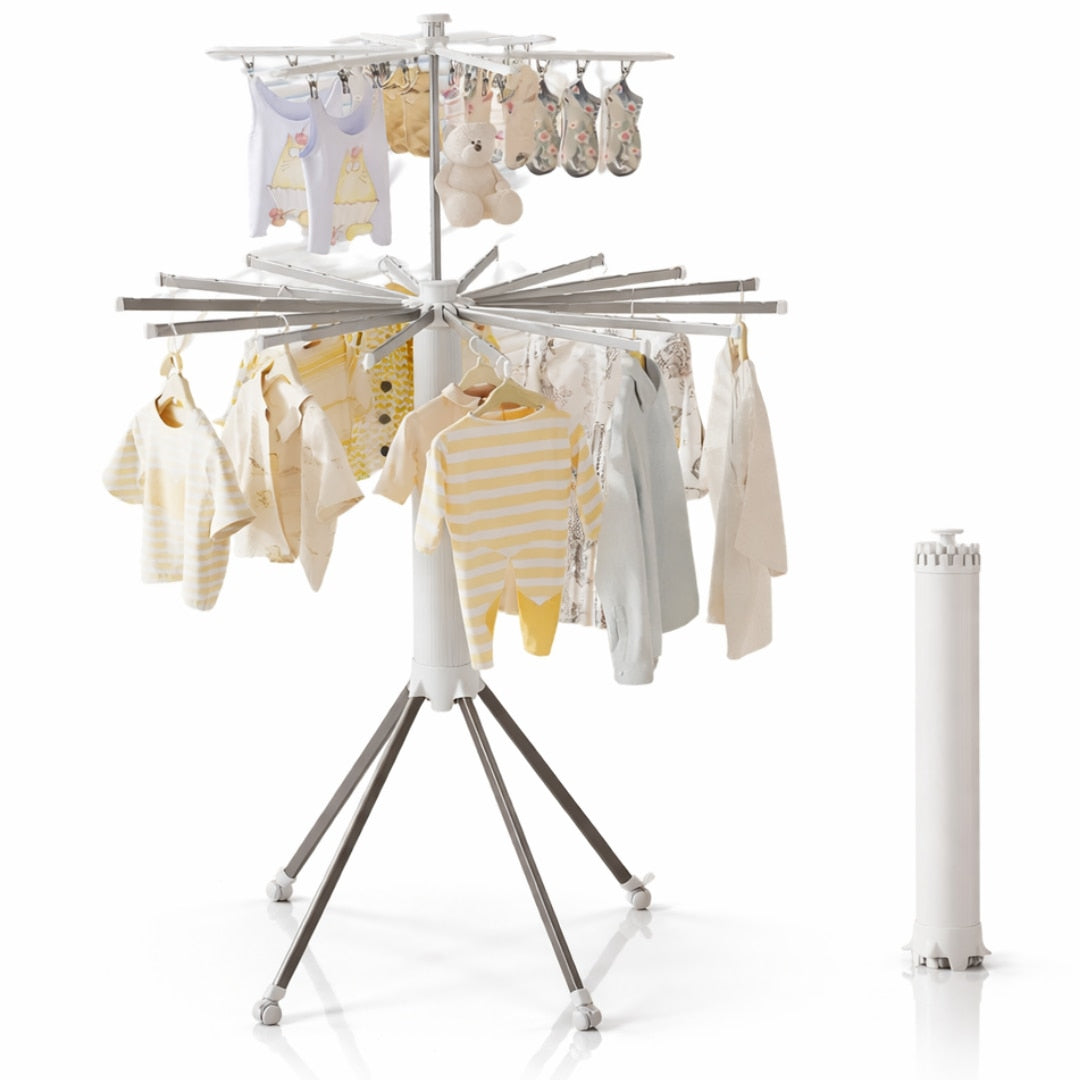 Uscator de rufe vertical Macvi®, 2 nivele, pliabil, mobil, suport umerase, 16 tije, 24 cleme, 170 cm, uscare 360°