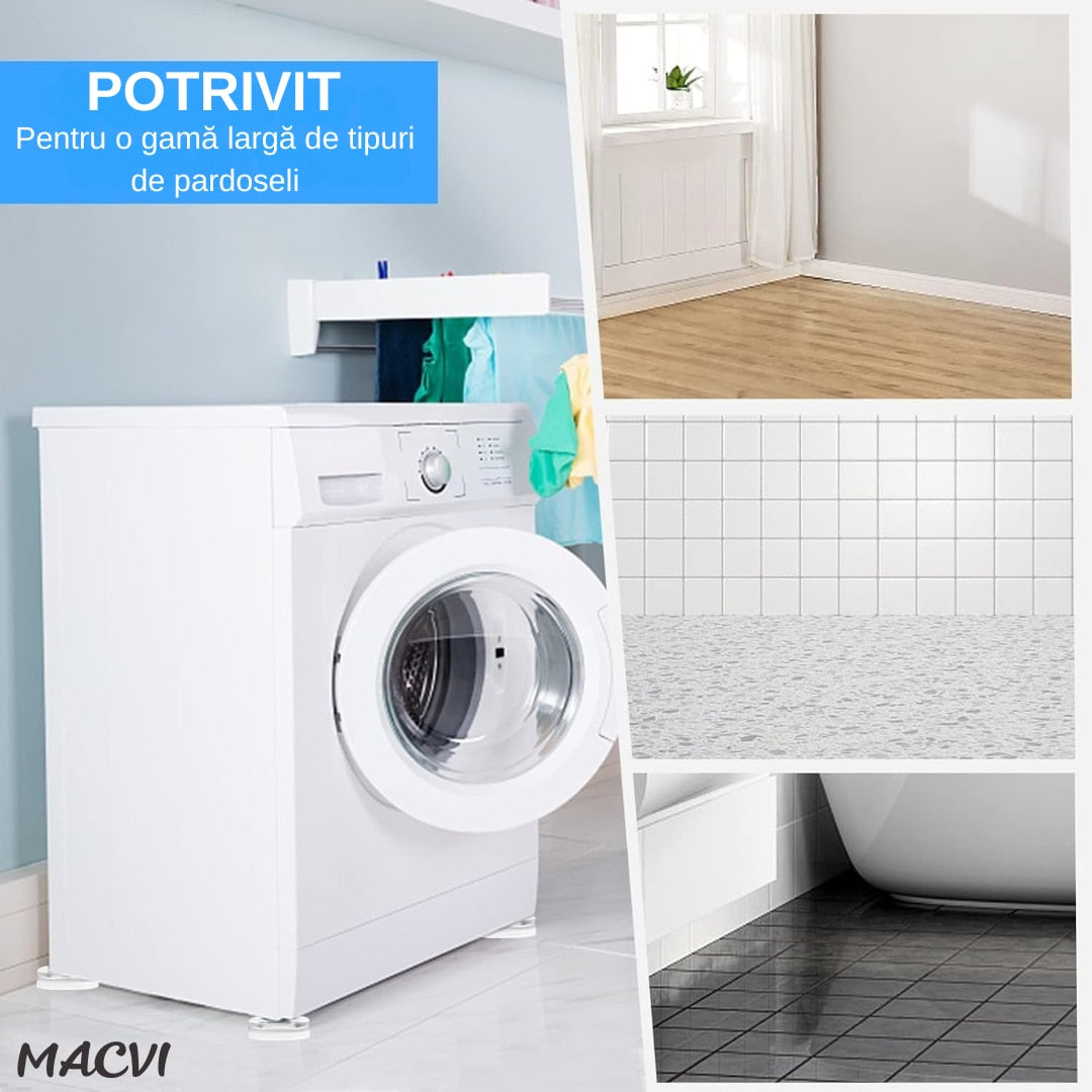 Set 4 bucati Suporturi Antisoc si Antiderapante Macvi® pentru Picioarele Masinii de Spalat, utilizare versatila, Stabilitate si Protectie, transparente