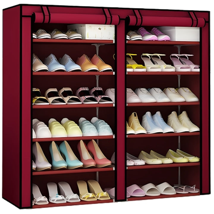 Dulap Pantofi Macvi®, Dulap Textil Dublu pentru Incaltaminte, cu fermoar, 6 Niveluri, 120 x 30 x 118 cm, Rosu, usor de asamblat, cadru metalic