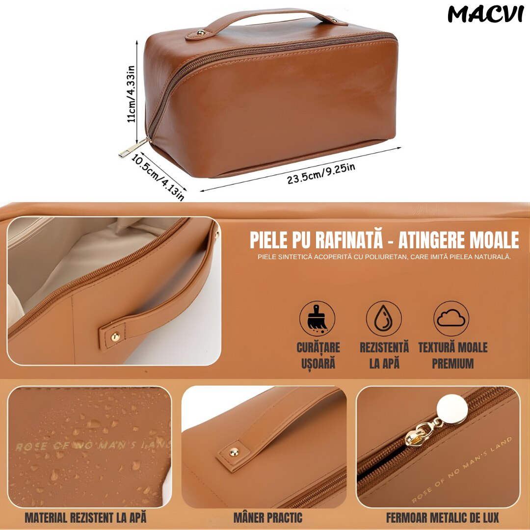 Geanta pentru cosmetice de calatorie Macvi®, din piele rezistenta la apa, cu maner si compartiment spatios, 24x11.5x11.5 cm, ideala pentru femei, maro
