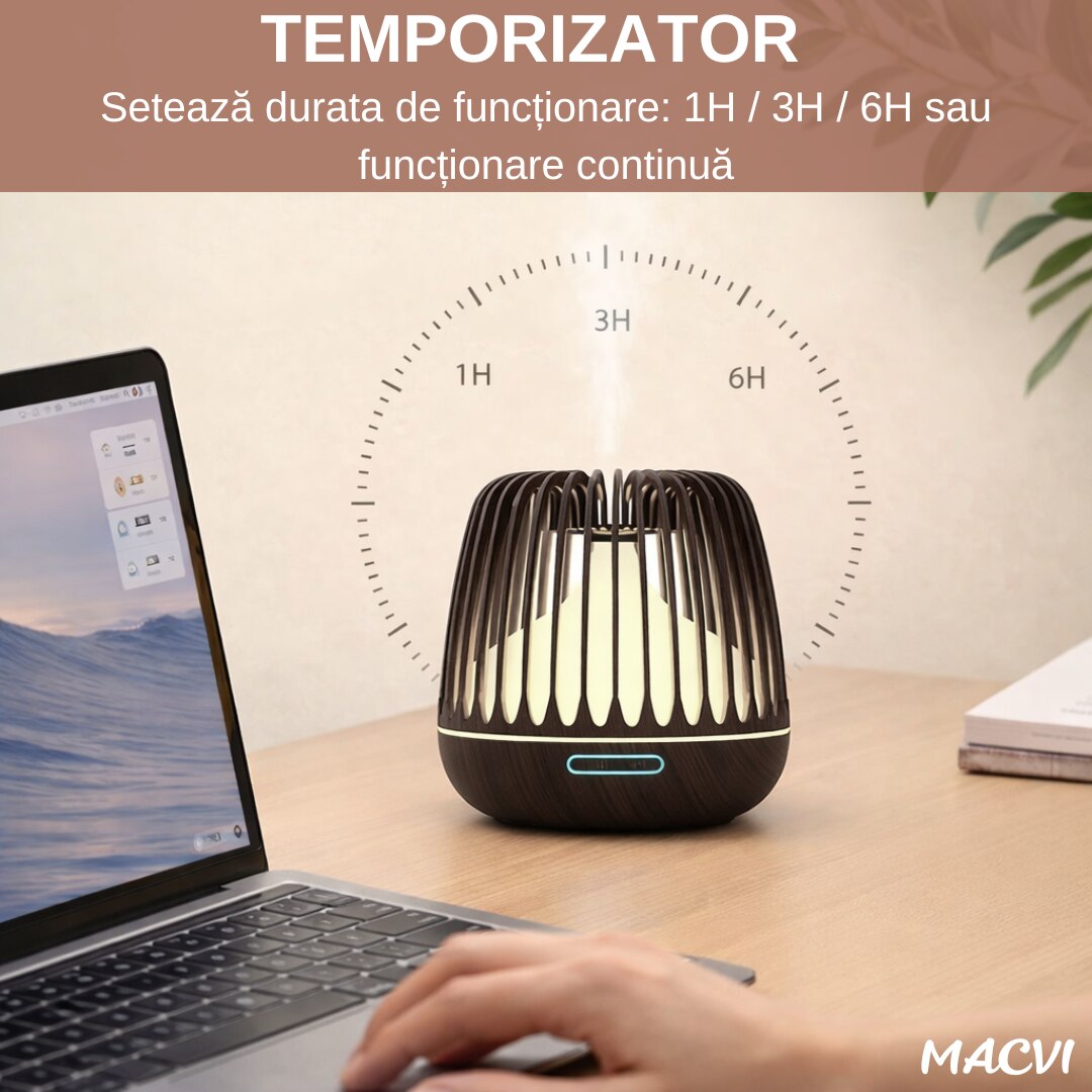 Difuzor Aromaterapie/Umidificator Macvi® cu Lampa 7 Culori, 500 ml, Culoare Negru