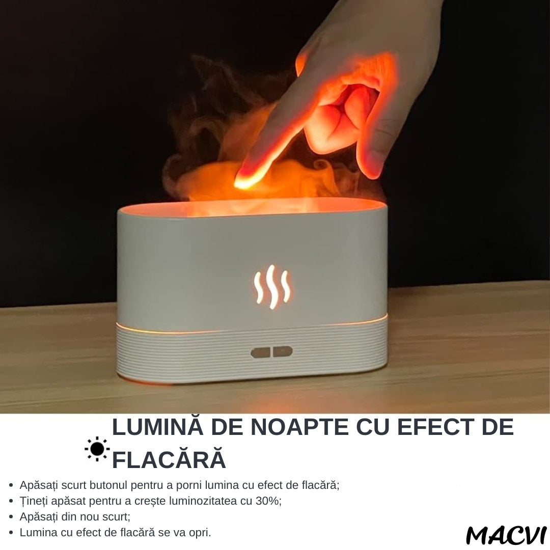 Difuzor Aromaterapie si Umidificator Macvi® cu Efect de Flacara, Ultrasunete, Capacitate 180 ml, 10 Ore de Functionare, Negru