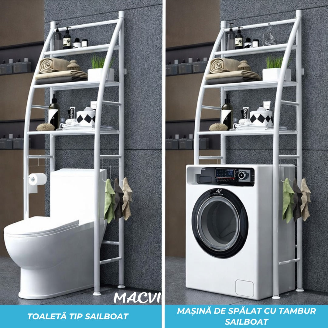 Organizator Baie Macvi® pentru Masina de Spalat sau Toaleta, 3 Rafturi Depozitare, Suport Hartie Igienica, 160 x 65 x 25,  Metal Vopsit, Alb, Etajera Multifunctionala Economisire Spatiu