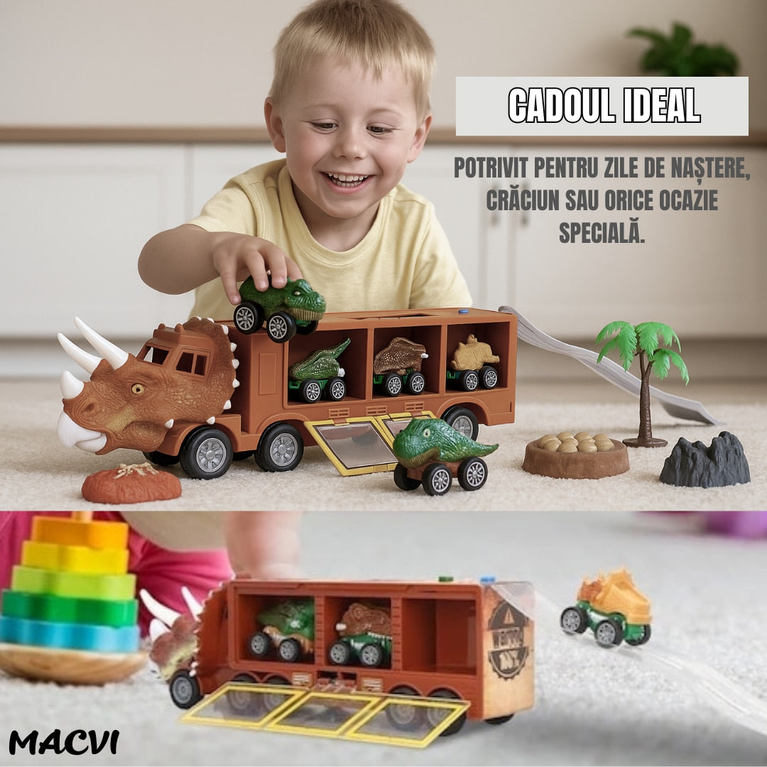 Camion Dinozaur Interactiv Macvi® cu Lumini si Sunete, 3 Vehicule Detasabile, Rampa de Lansare si Accesorii Preistorice, Jucarie Educativa pentru Copii 3+