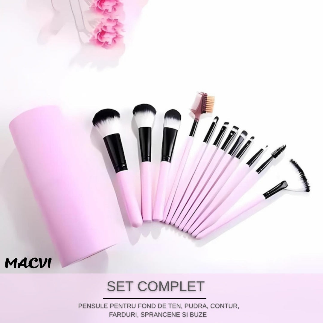 Set Macvi® 12 Pensule Machiaj cu Cutie pentru Depozitare, Design Modern Roz, Peri Sintetici de Inalta Calitate, Ideal pentru Machiaj Profesional si de Zi cu Zi