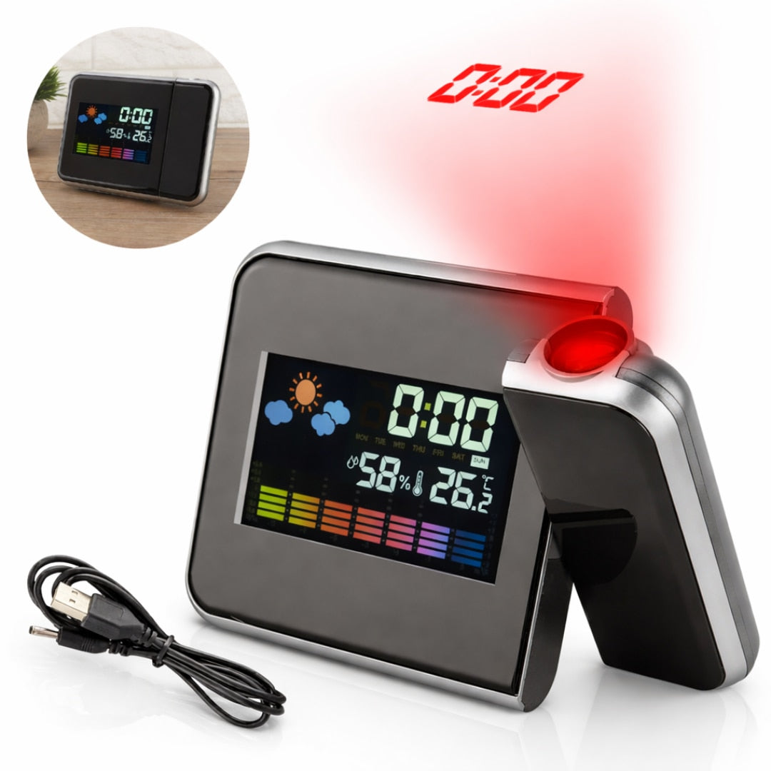 Ceas cu efect de proiectie tip LED Macvi®, functie de alarma, Calendar, senzor de lumina, setari temperatura/umiditate, doua moduri de alimentare