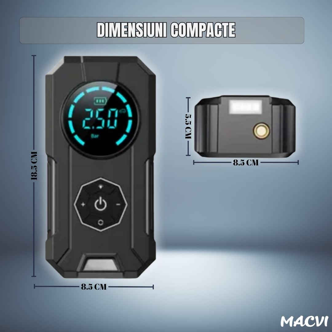 Compresor Auto Portabil Macvi® 150 PSI, Baterie 6000mAh, Afisaj Digital LED, Lumina SOS, Functie Powerbank, USB-C, Umflare Rapida pentru Masina, Motocicleta, Bicicleta si Mingi