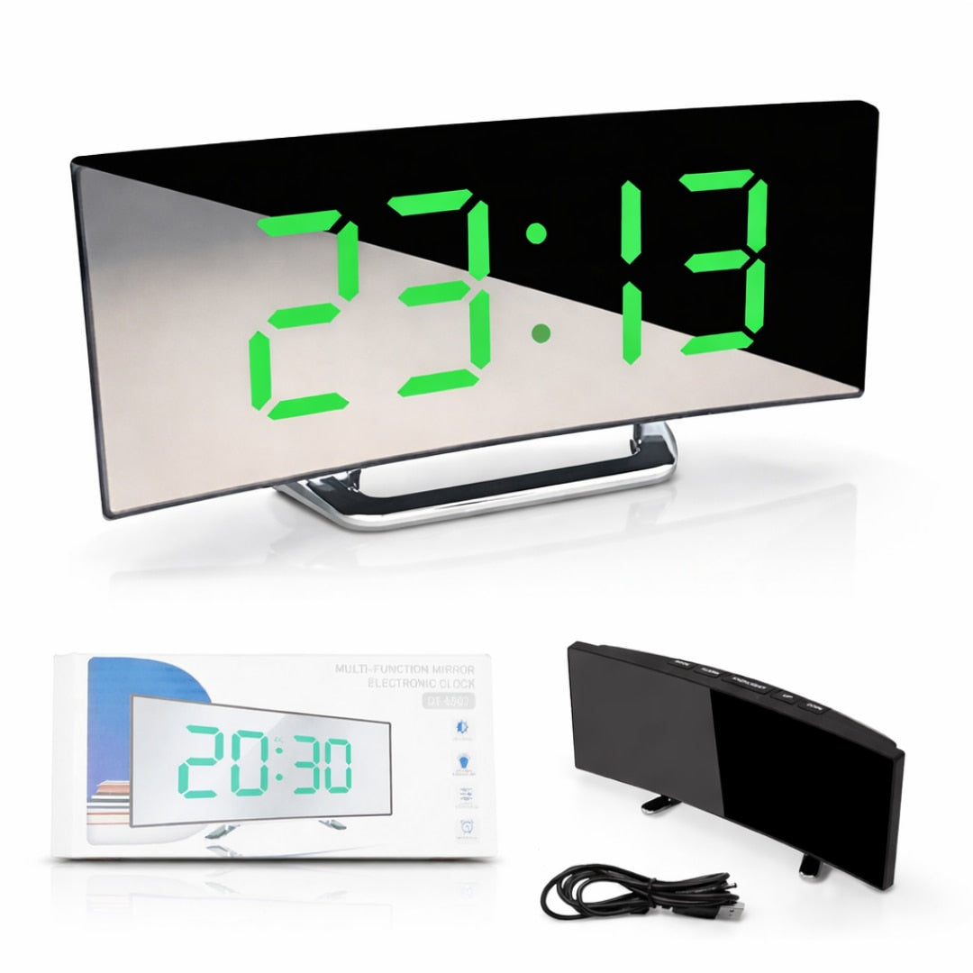 PROMO 1+1: Ceas multifunctional cu LED stil oglinda Macvi®, model ecran LED curbat, afisare temperatura, incarcare USB sau Baterii,17 x 7,2 x 3,1 cm, Negru/Verde