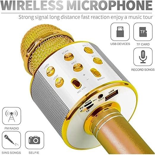 Microfon Karaoke Macvi® DS878, Metalic, Sunet de Calitate, Redare Card Memorie, Galben