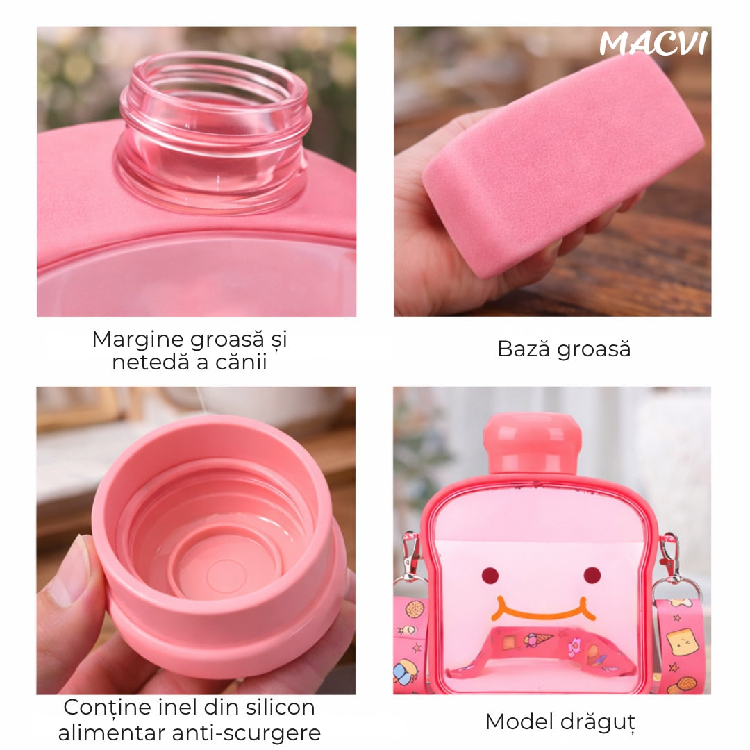 Sticla de Apa pentru Copii Macvi® Forma Toast, 380 ml, Fara BPA, Anti-Scurgere, Capac Etans, Curea Reglabila de Transport, Usor de Curatat, Roz