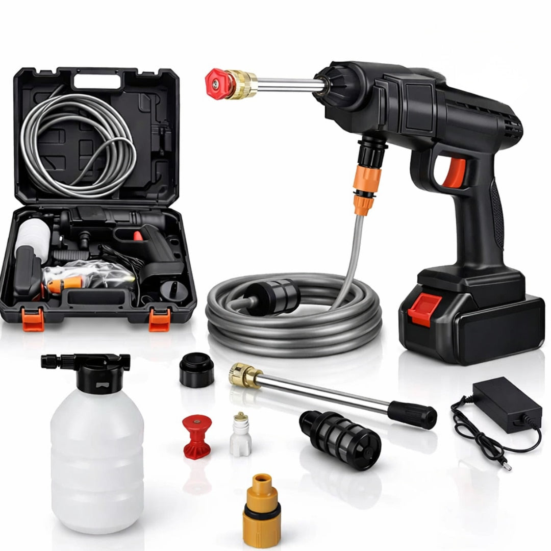Pistol de Spalat cu Presiune Macvi® Portabil, Fara Fir, 48V, cu 2 Acumulatori Reincarcabili, Furtun 5m si Cutie Transport, Ideal pentru Masini, Curte, Biciclete