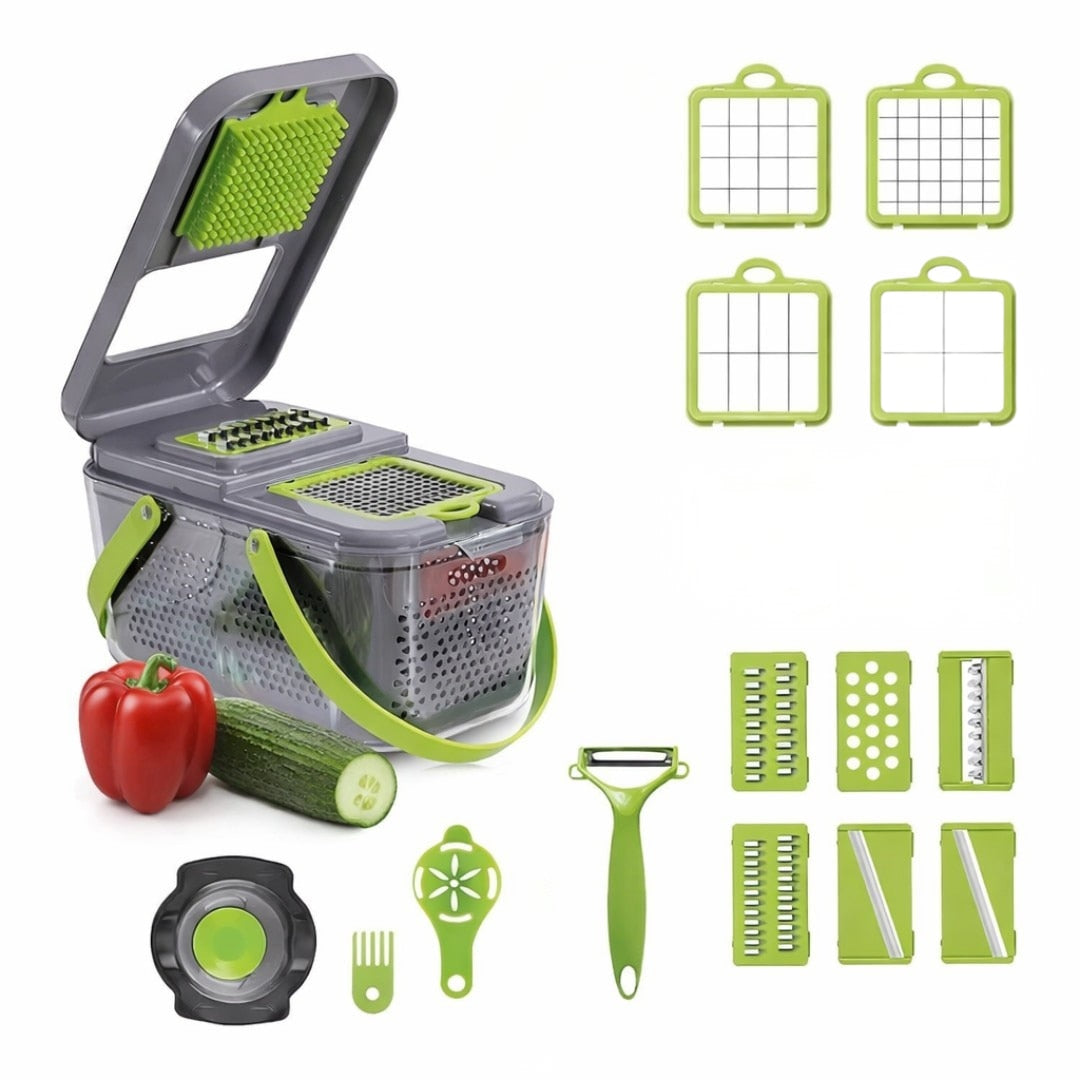 Razatoare multifunctionala Macvi® profesionala 22 piese cu lame inox si recipient colector tocator feliator pentru legume fructe si branzeturi gri verde