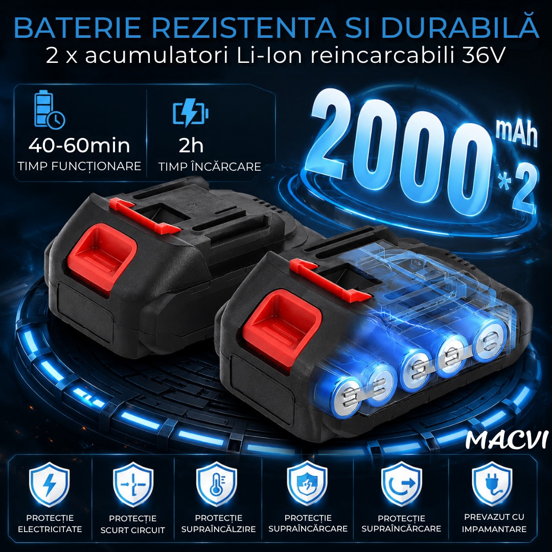 Mini fierastrau electric Macvi® 36V, lama 19 cm (6 inch), 2 acumulatori Li-Ion, lant de taiere, protectie pentru mana, incarcator, valiza transport, mini drujba pentru gradinarit si dulgherie