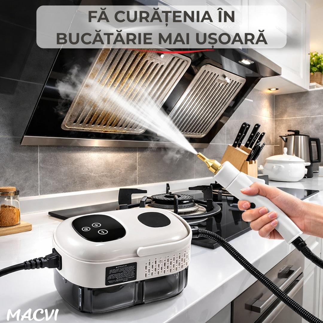 Aparat de curatat cu abur Macvi®, 2500W, rezervor 1.2L, jet sub presiune 3 bari, 6 trepte, 2,2 m cablu 2,5 m accesorii multiple alb, pentru baie, bucatarie, tapiterii, gresie