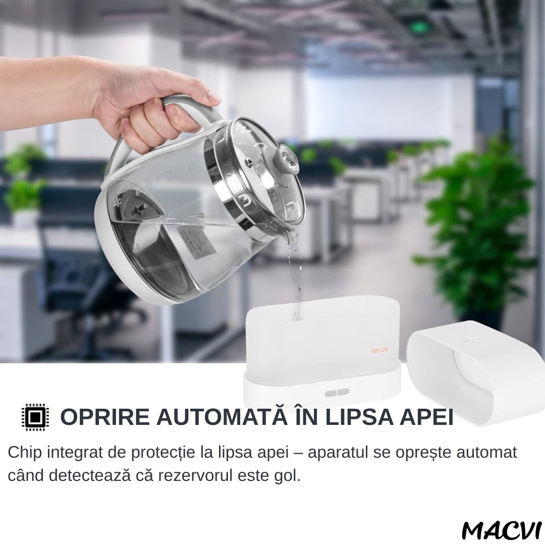 Difuzor Aromaterapie si Umidificator Macvi® cu Efect de Flacara, Ultrasunete, Capacitate 180 ml, 10 Ore de Functionare, Negru