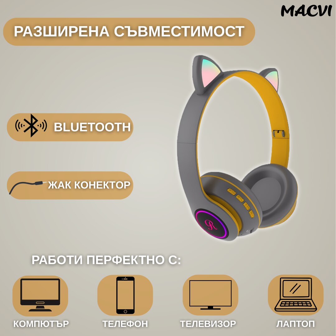 Casti Macvi® Wireless Pliabile cu Urechi de Pisica, Bluetooth 5.0, HiFi, Bass Stereo, LED, Gri