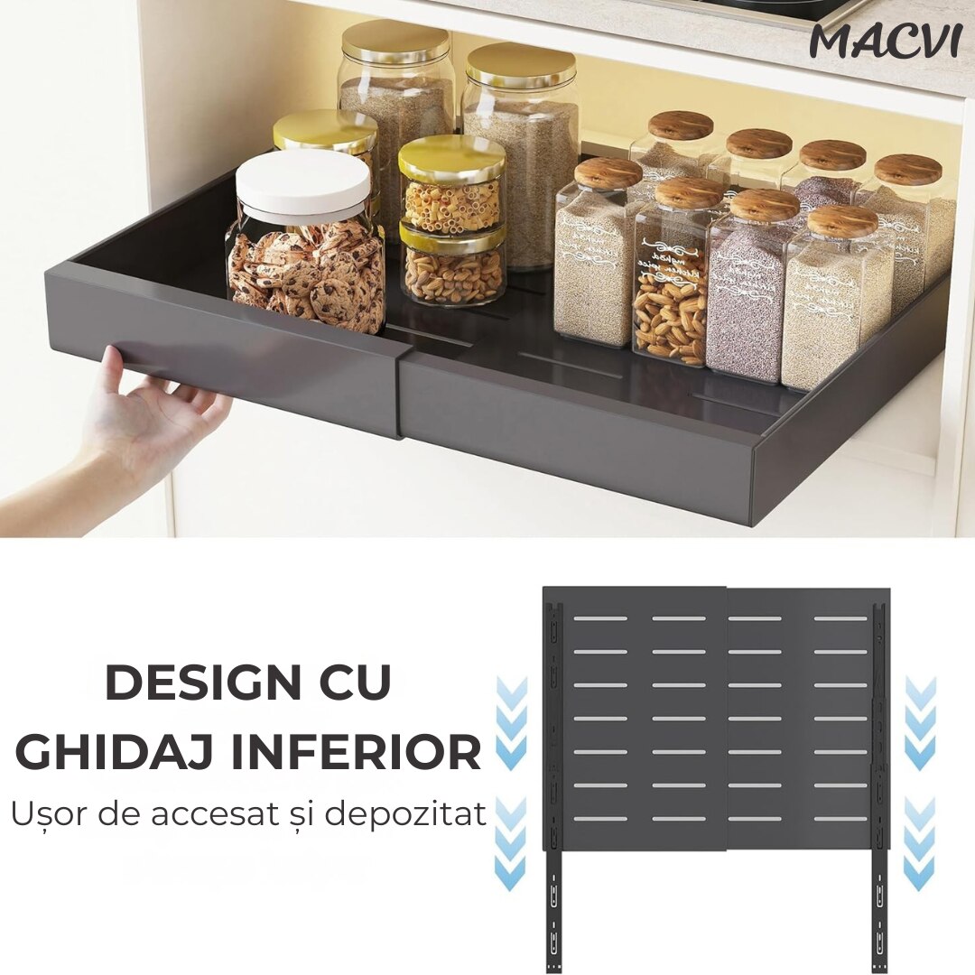 Organizator extensibil Macvi® pentru dulapuri, metal, sertar glisant, montare adeziva, capacitate mare, gri
