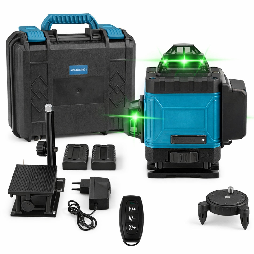 Laser nivel Macvi® 4D cu 16 linii verzi 360°, autonivelare, pana la 30 m, IP54, telecomanda, 2 acumulatori 5200 mAh, cu valiza