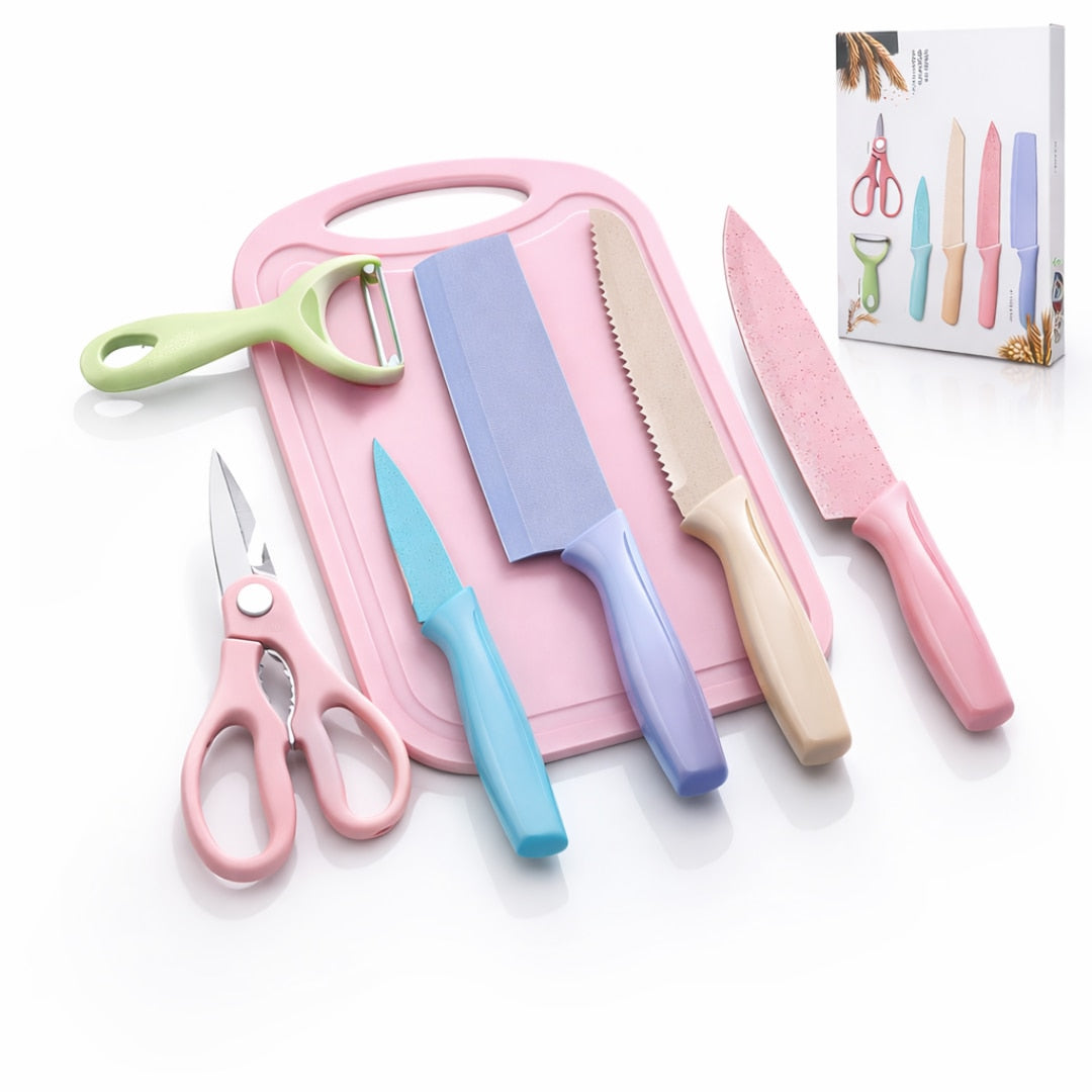 Set cutite bucatarie Macvi® 7 piese, otel inoxidabil, foarfece, curatator legume, tocator inclus, pentru carne, fructe si legume