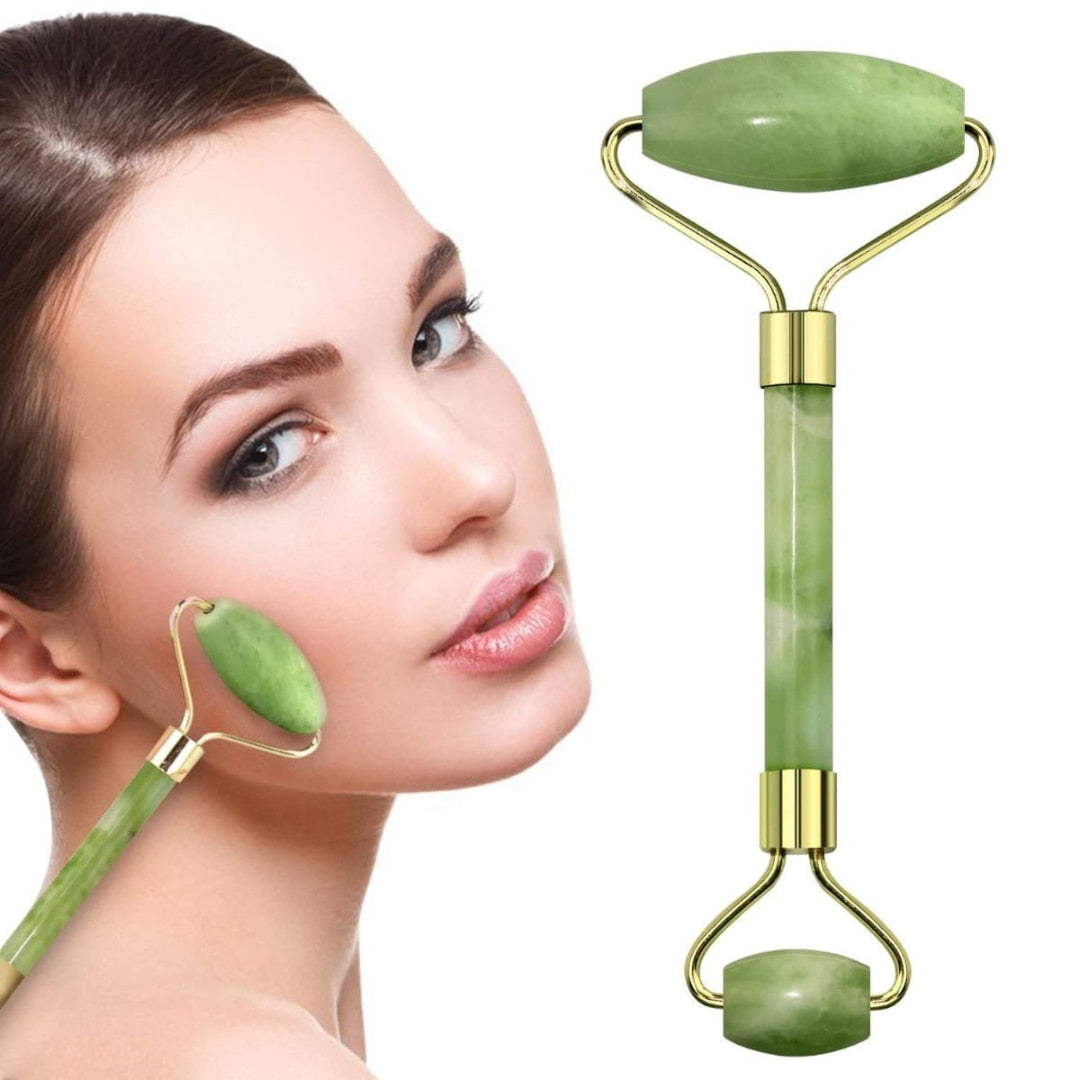 Dispozitiv de masaj facial din jad cu 2 role Macvi®, drenaj limfatic, anti-cearcane, anti-rid, pentru fata si corp, cu cutie de protectie