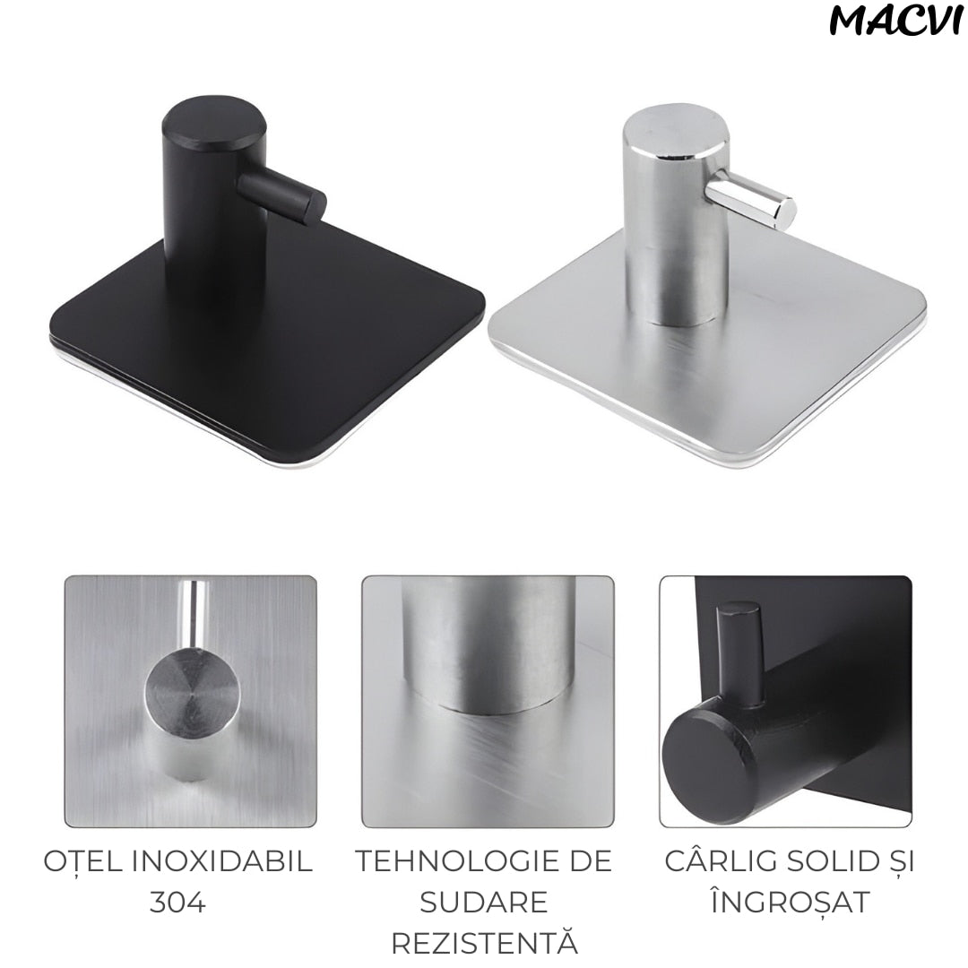 Set 4 cuiere de perete Macvi® din otel inoxidabil, montaj fara gaurire, 2 negre + 2 argintii, rezistente la umiditate, pentru baie si hol