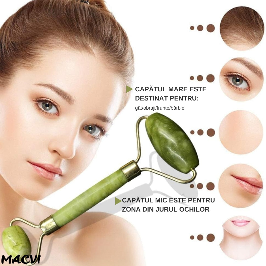 Dispozitiv de masaj facial din jad cu 2 role Macvi®, drenaj limfatic, anti-cearcane, anti-rid, pentru fata si corp, cu cutie de protectie