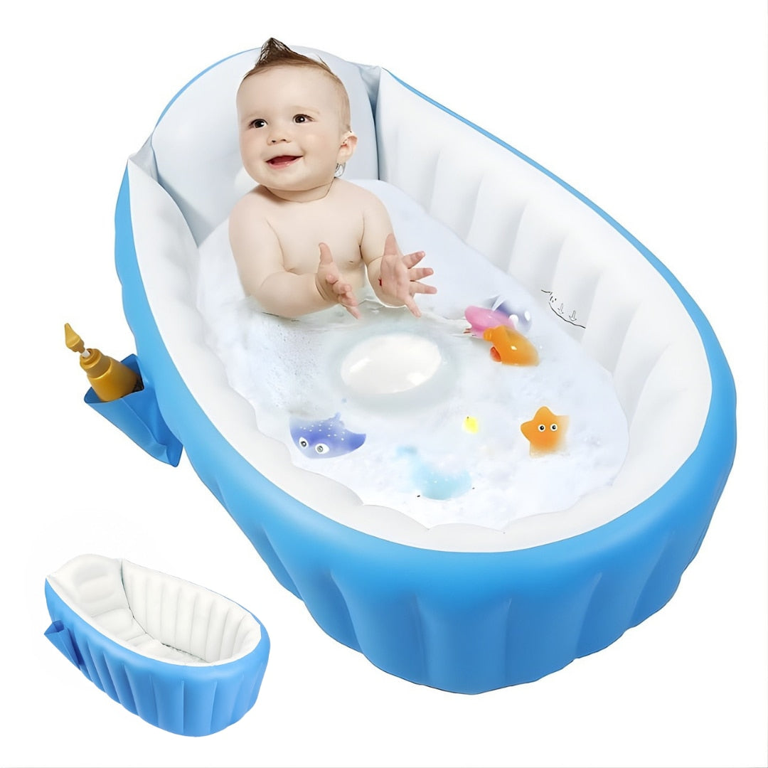 Cadita gonflabila Macvi® bebelusi si copii albastra portabila pentru calatorii pliabila cu spatar inclinat 45° dop de scurgere buzunar depozitare cadou baby shower, 97.8 cm x 64 cm x 28 cm