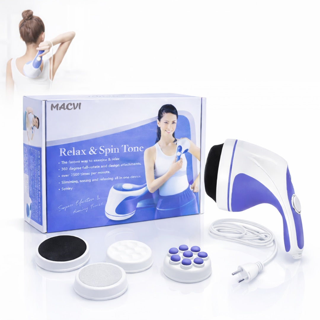 Aparat de Masaj Corporal Electric Macvi® 5 in 1, 25W, Vibratii Reglabile 2600–3200 RPM, 5 Capete Intersanjabile