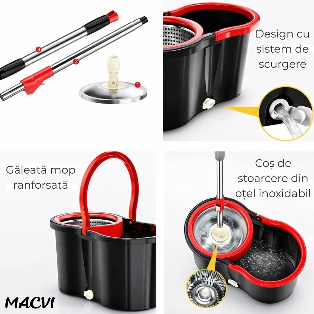 Set mop Macvi® rotativ 360 cu galeata stoarcere rapida si maner telescopic capacitate 12 litri design modern