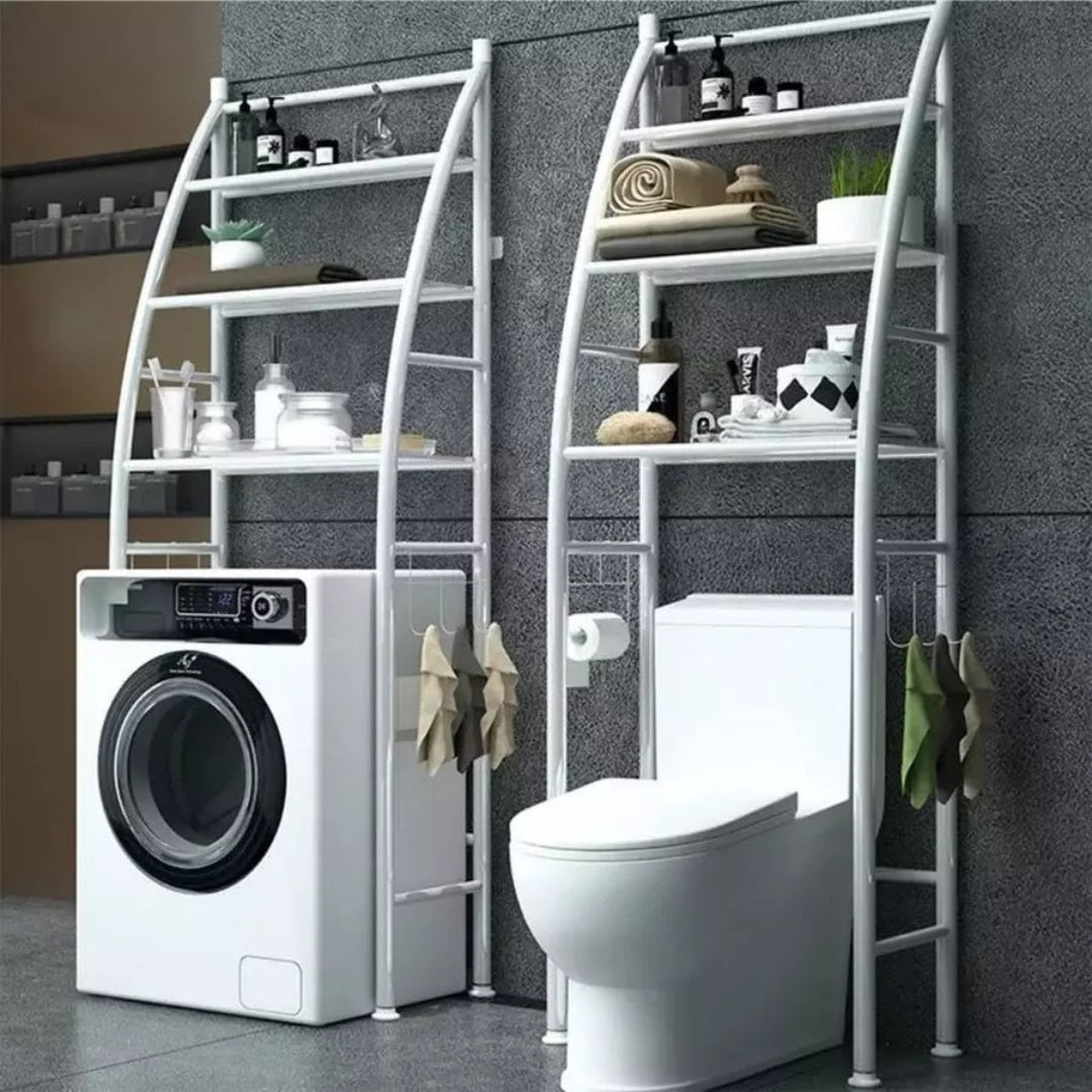 Organizator Baie Macvi® pentru Masina de Spalat si Toaleta, 3 Rafturi Depozitare, Suport Hartie Igienica, 160 x 65 x 25,  Metal Vopsit, Alb, Etajera Multifunctionala Economisire Spatiu