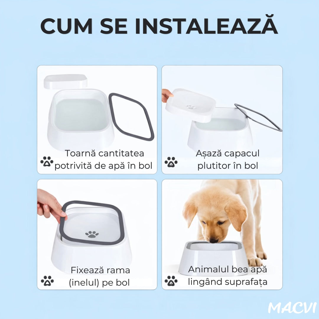 Bol Macvi® pentru apa, antistropire si antialunecare, detasabil,600g, volum 1.5 L, alb-gri, pentru caini si pisici, din plastic