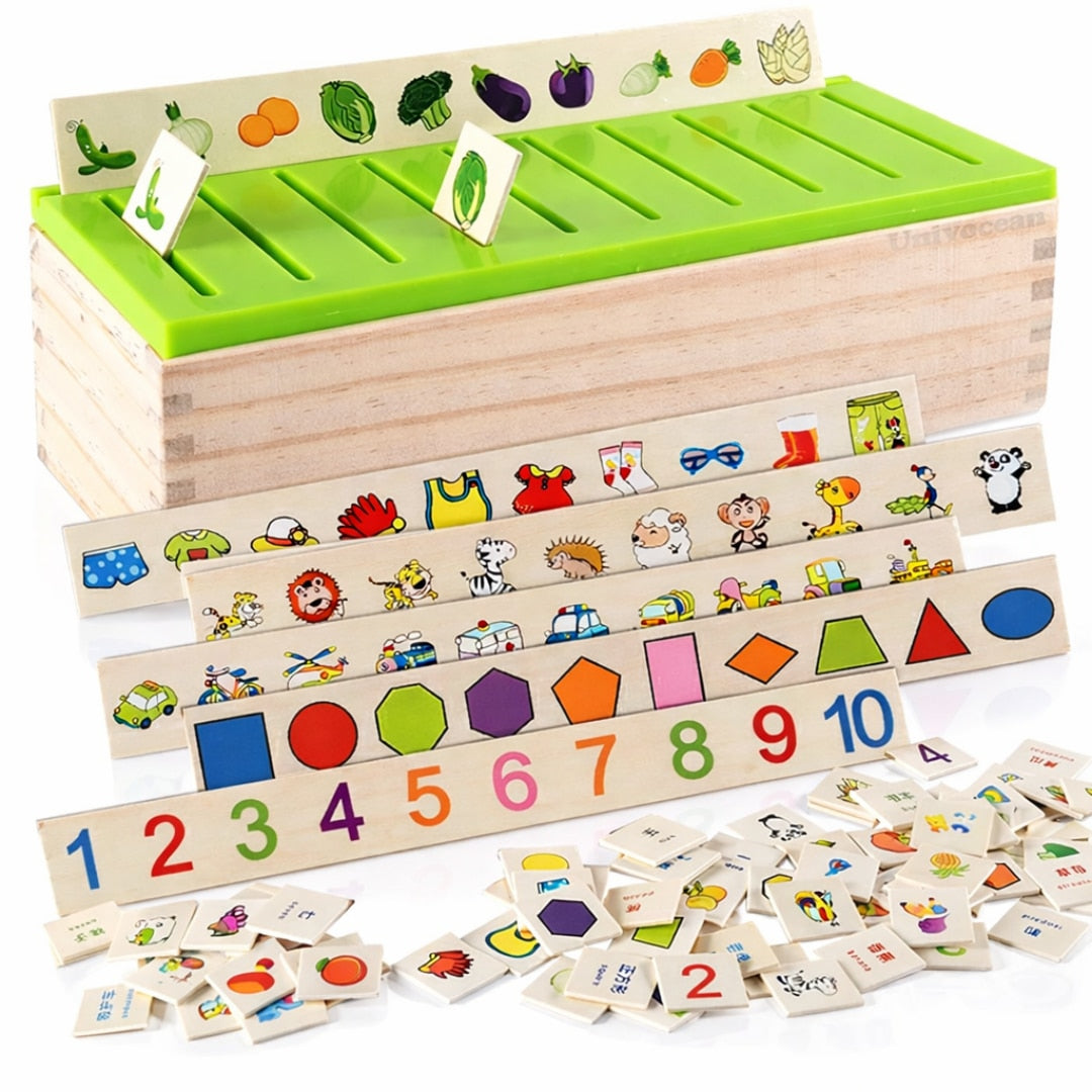 Jucarie educativa din lemn Macvi®, set cu cutie si cartonase, pentru dezvoltarea coordonarii mana–ochi si logicii matematice, 3+, 29,5×11×8 cm
