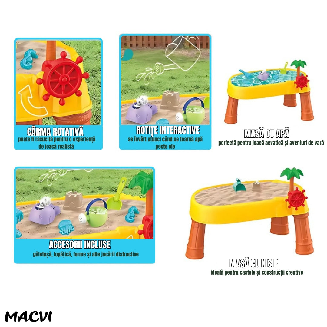 Masa de apa 2 in 1 Macvi® pentru copii, cu 8 accesorii interactive, multicolor, recomandata 3 ani+