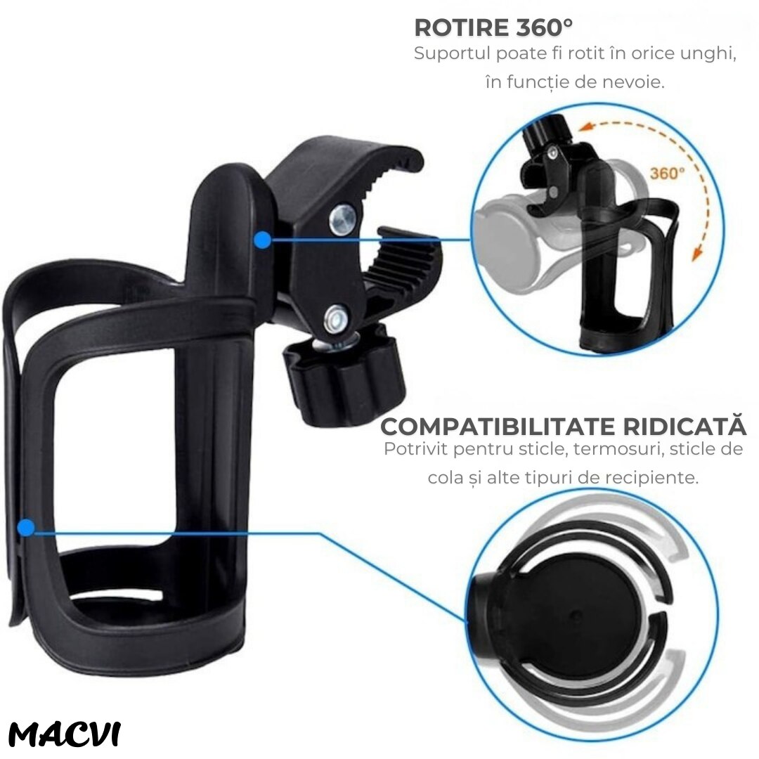 Suport sticla Macvi® cu prindere negru, din metal  dimensiuni 12 cm x 12 cm x 25 cm, stabilitate maxima