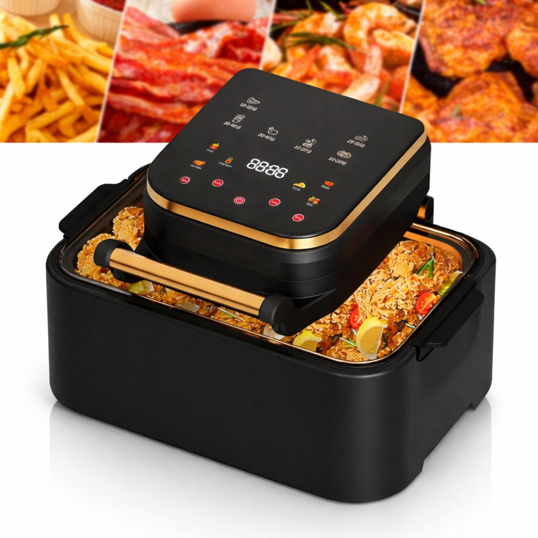 Friteuza cu aer cald Macvi®, 3 in 1, 1700W, capacitate 12L, digitala, fara ulei, control touch, 11 programe, display LED, timer, protectie supraincalzire, negru-auriu