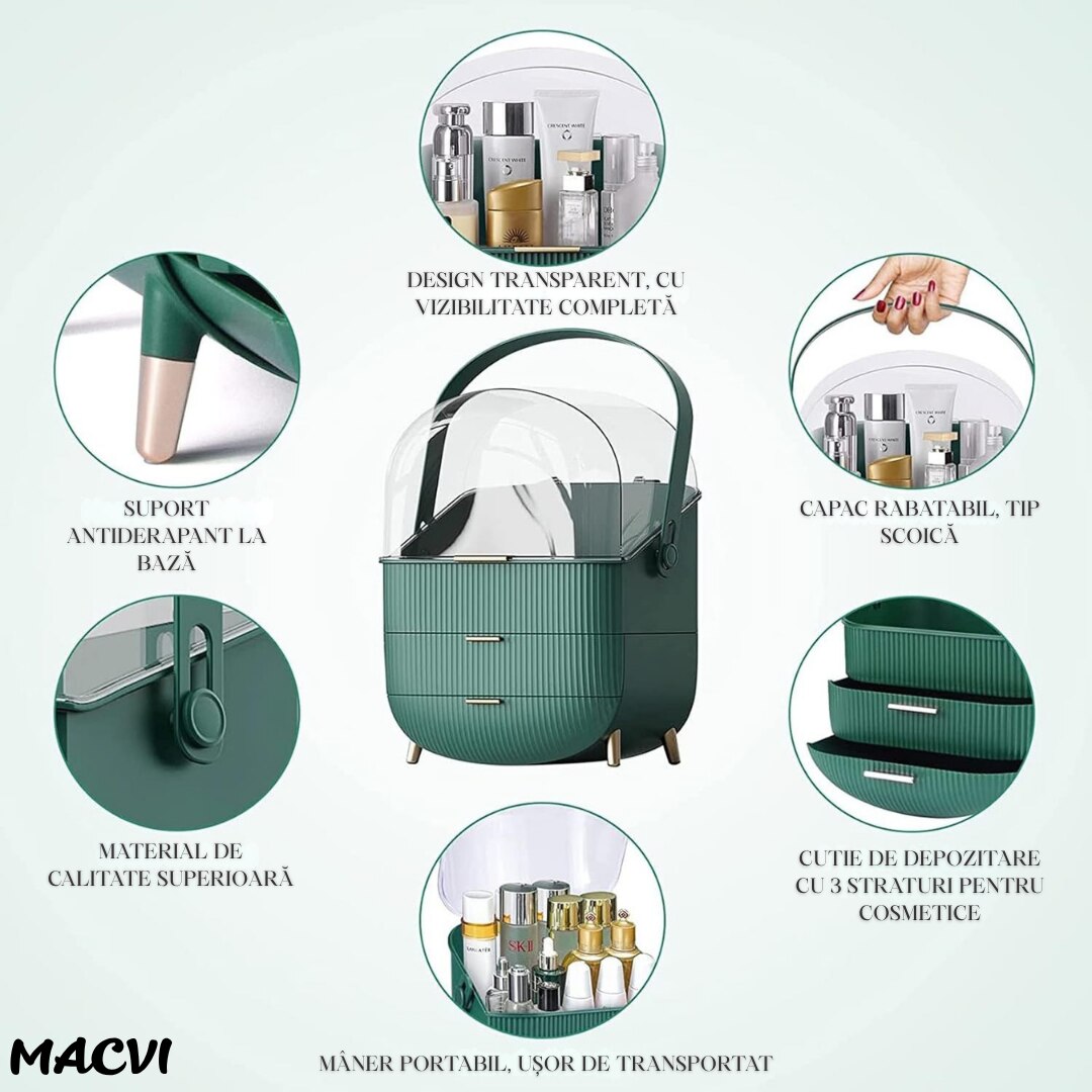 Set organizator de machiaj Macvi®, 2 sertare, capac transparent, maner confortabil, rezistent la praf, plastic PP + acril, 37x28x18.5 cm