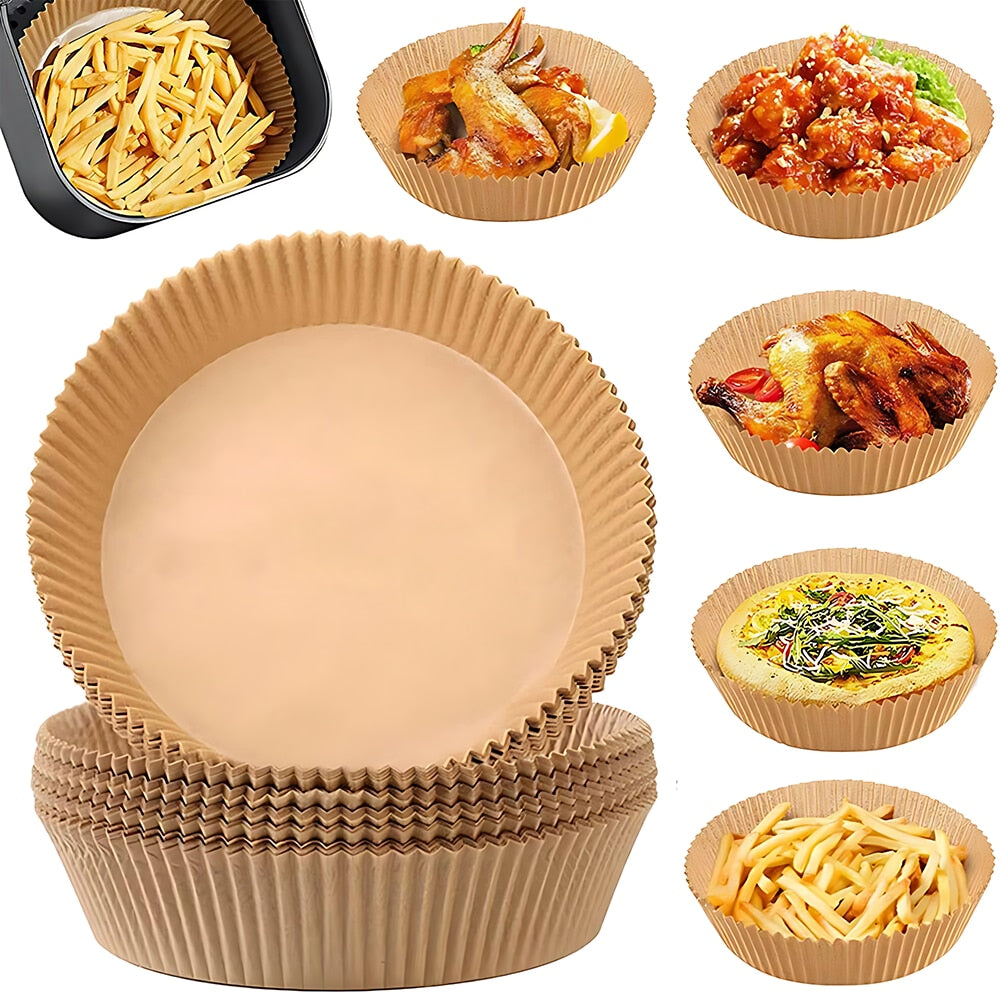 Set 200 hartii de copt rotunde Macvi® pentru Air Fryer, maro, 16x20x4.5 cm