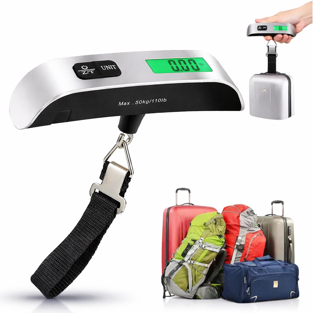 Cantar pentru Bagaje Digital Macvi®, Afisaj LCD, Capacitate maxima 50kg, Argintiu, Functie Masurare Temperatura, compact si usor, carlig si curea de prindere, material ABS