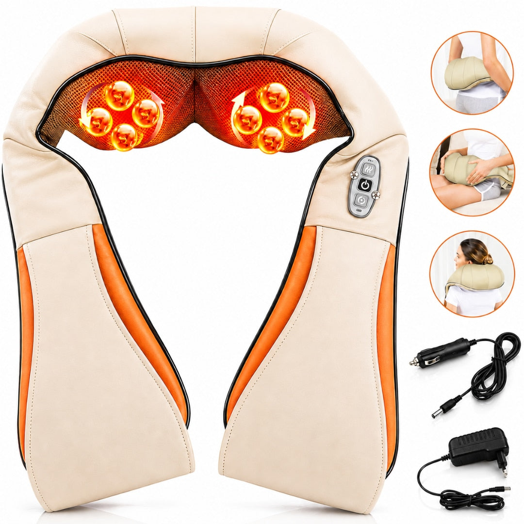 Aparat Masaj Cervical si Umeri Macvi® cu Infrarosu, 8 Noduri Masaj, Incalzire, Rotatie Dubla, 24W, Pentru Gat, Spate si Talie, Bej