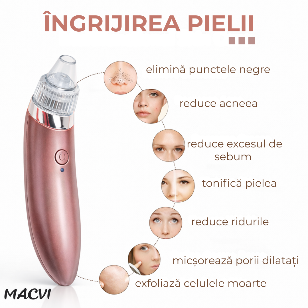 Aparat Curatare Ten Macvi® Vacuum Presure Cleaner, Dispozitiv Eliminare Puncte Negre, Curatare Pori si Sebum, 4 Capete Interchangeabile, 5 Niveluri Putere, Reincarcabil USB, Aparat Facial Anti Acnee