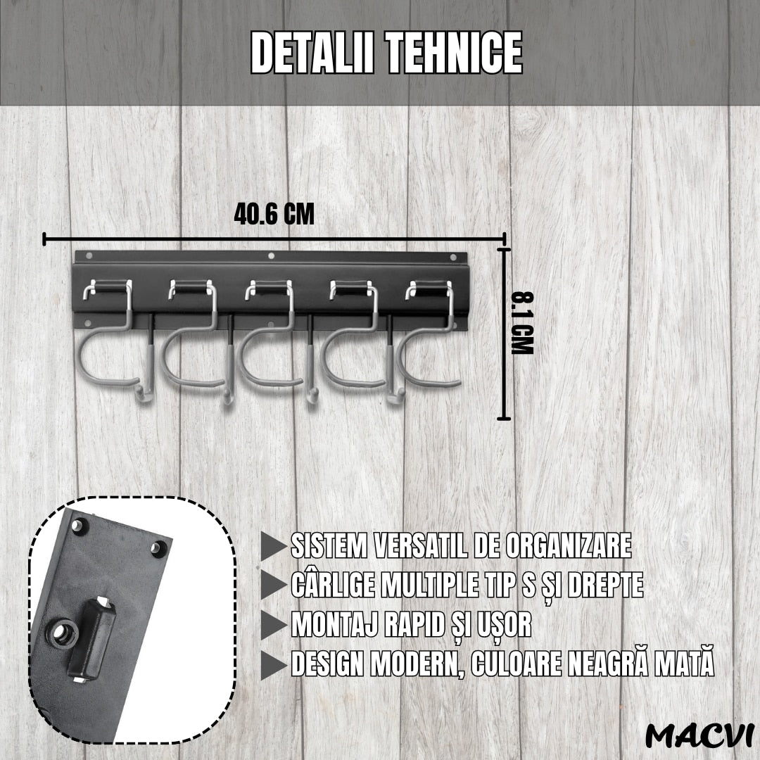 Cuier/Organizator scule Macvi®, suport unelte si obiecte diverse, montaj usor, materiale rezistente, carlige multiple tip S si drepte, ideal pentru baie, garaj si spalatorie, negru
