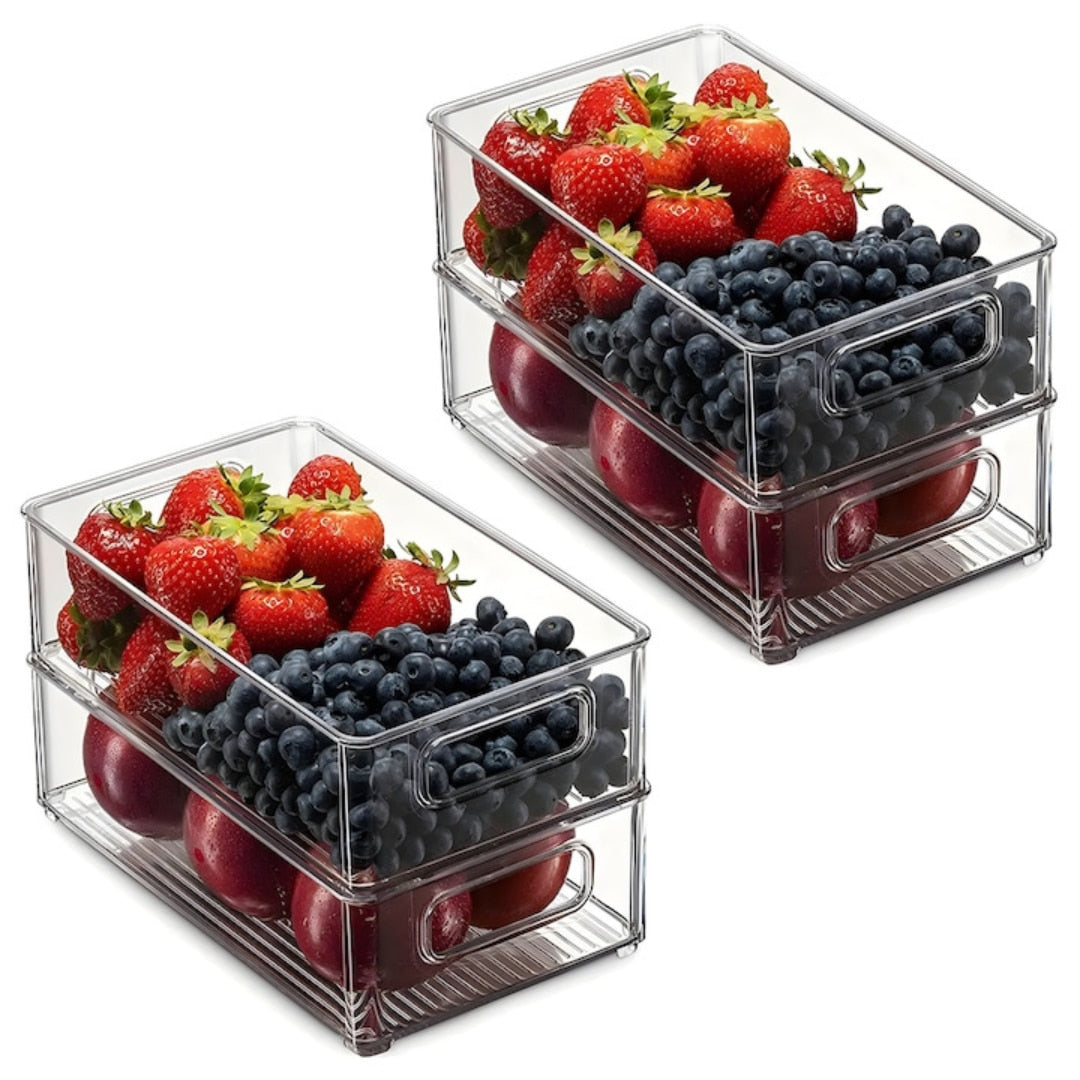 Set 4 organizatoare Macvi® pentru frigider, ABS durabil, fara BPA, stocabile, cu manere integrate, 26×15 cm, transparente