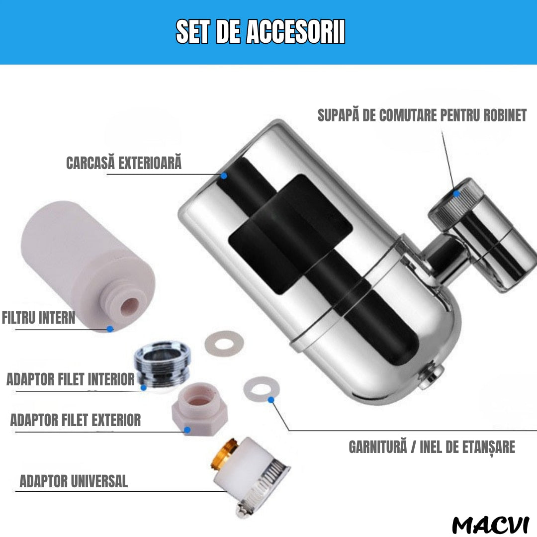 Filtru Apa Macvi® pentru Robinet, Capacitate 50.000L, 7 Etape Filtrare, Cartus Reutilizabil, Elimina Impuritati, Clor si Metale Grele, Montaj Rapid, Argintiu
