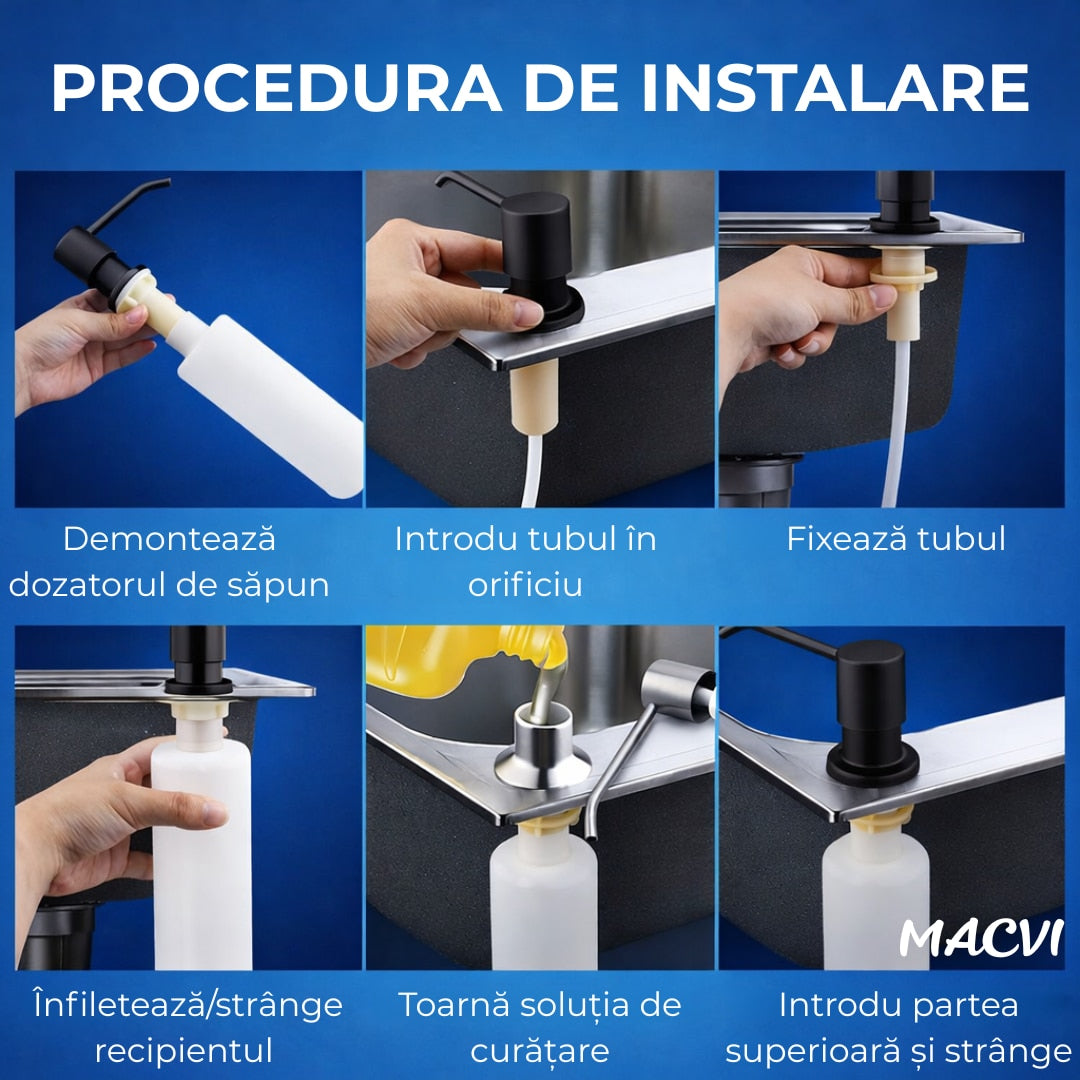 Dozator Incorporabil Macvi® Negru pentru Chiuveta Sapun Detergent Rezervor 300ml Design Modern