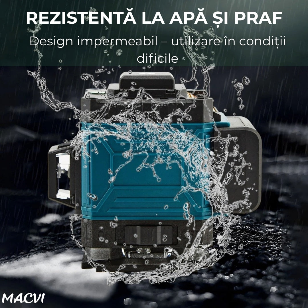 Laser nivel Macvi® 4D cu 16 linii verzi 360°, autonivelare, pana la 30 m, IP54, telecomanda, 2 acumulatori 5200 mAh, cu valiza